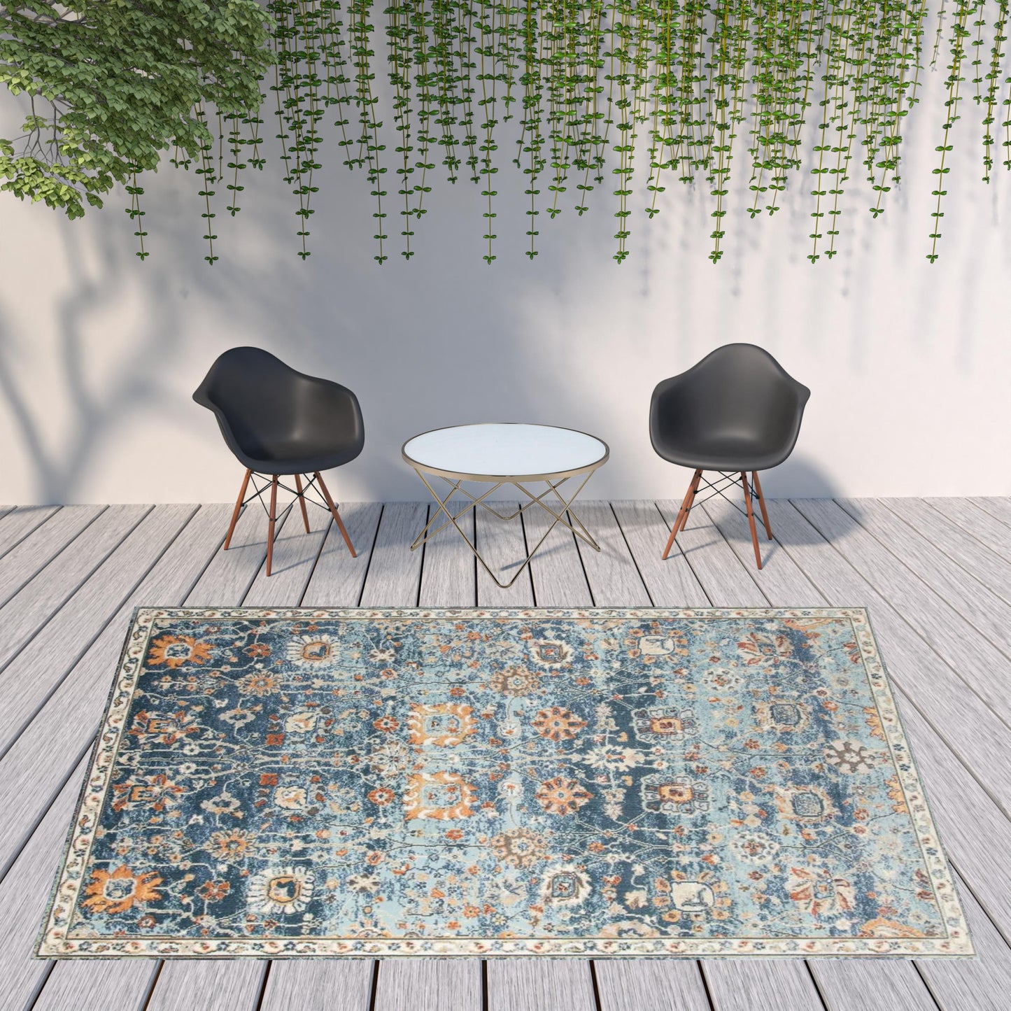 5' X 7' Blue and Orange Floral Stain Resistant Indoor Outdoor Area Rug