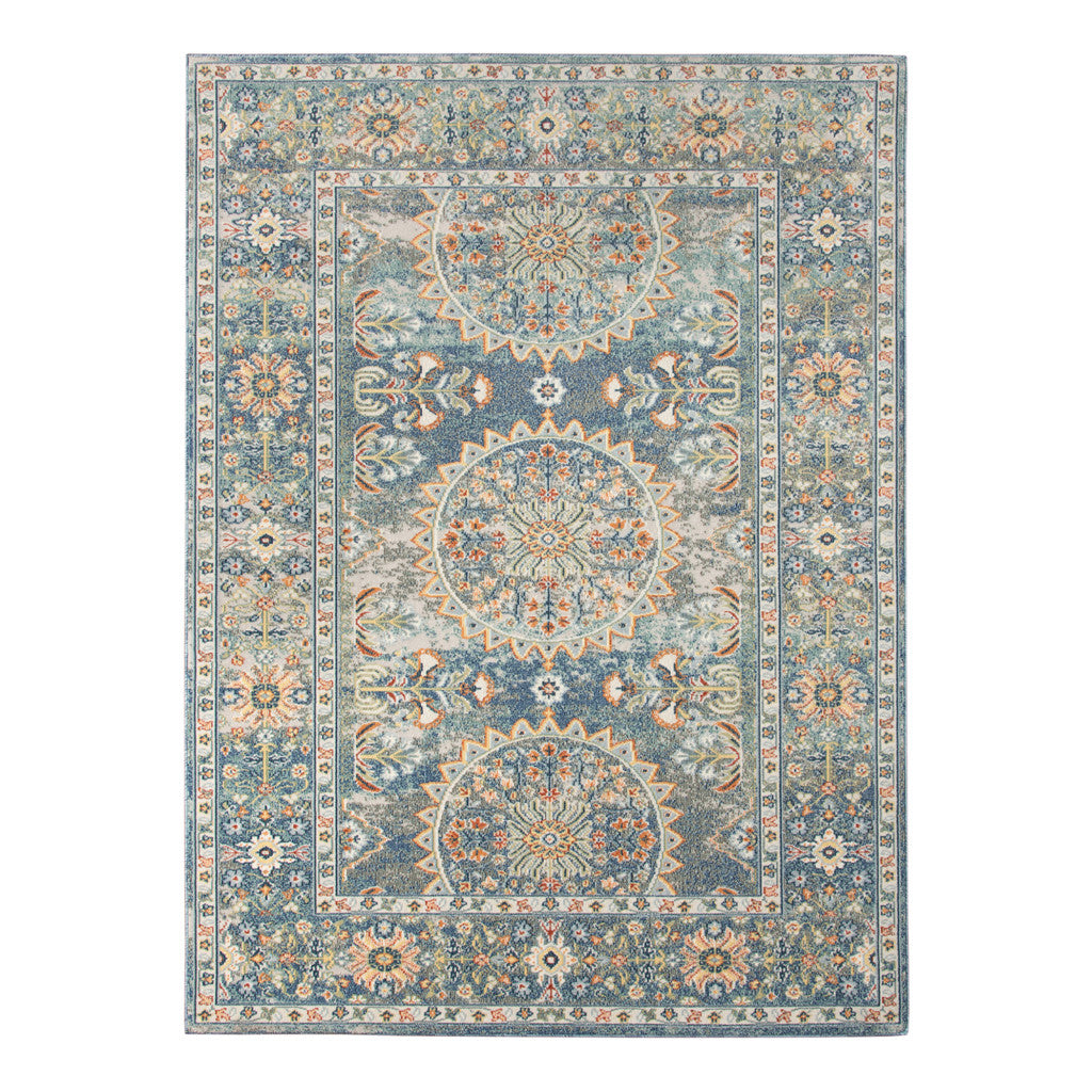 2' X 3' Blue and Orange Floral Medallion Stain Resistant Indoor Outdoor Area Rug