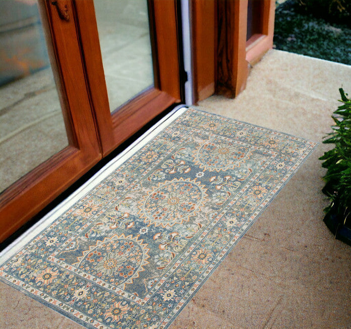 2' X 3' Blue and Orange Floral Medallion Stain Resistant Indoor Outdoor Area Rug