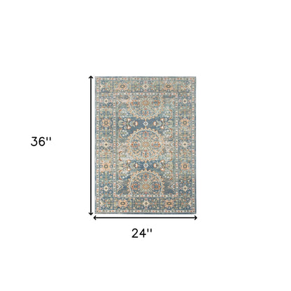 2' X 3' Blue and Orange Floral Medallion Stain Resistant Indoor Outdoor Area Rug