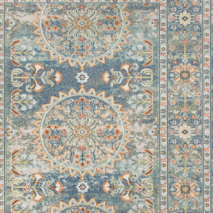 2' X 3' Blue and Orange Floral Medallion Stain Resistant Indoor Outdoor Area Rug