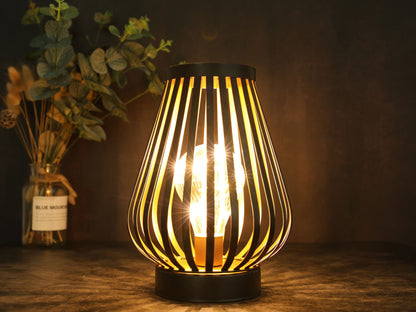 9" Black Metal Lantern Bedside Lamp LED With Black Novelty Shade