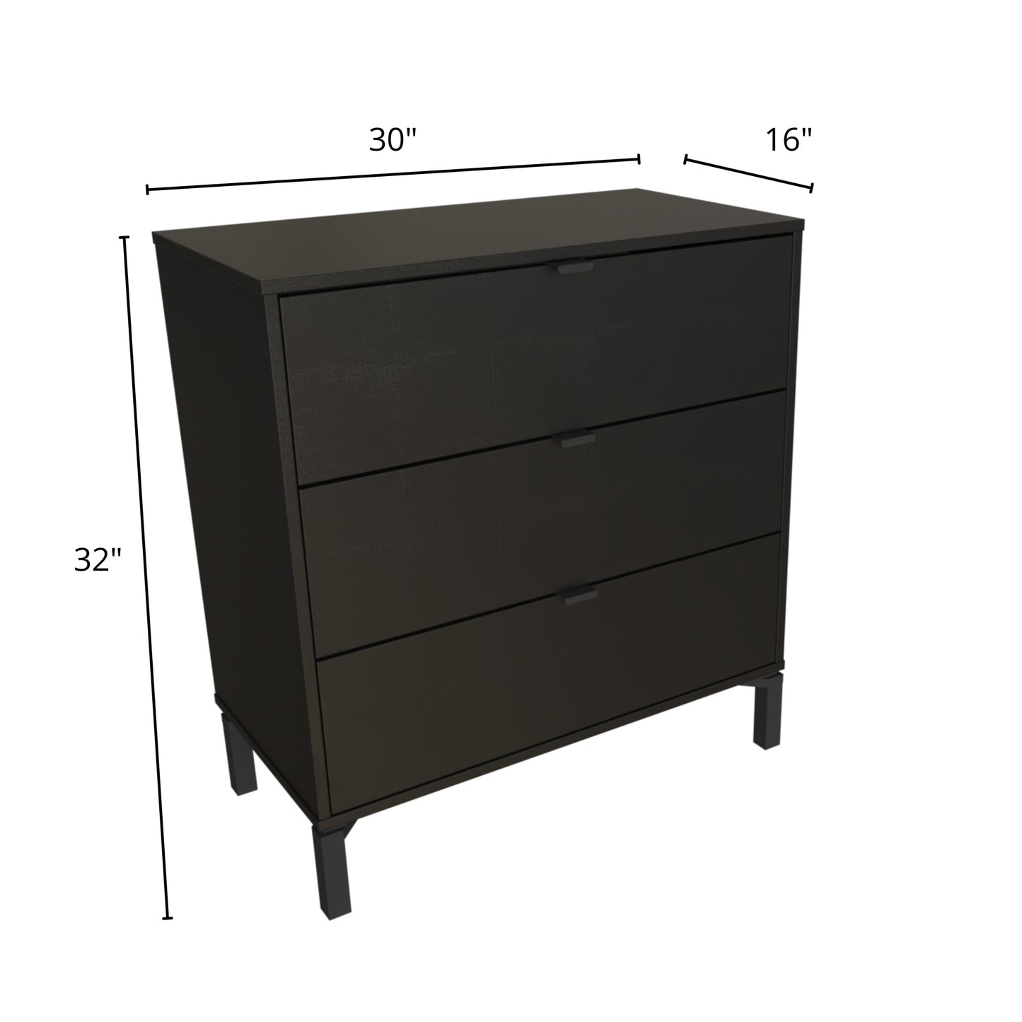 30" Black Three Drawer Dresser