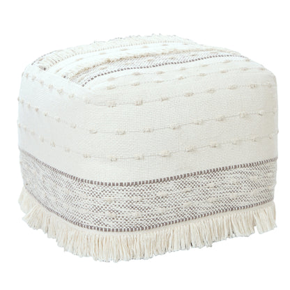 18" Cream Cotton Striped Pouf Ottoman