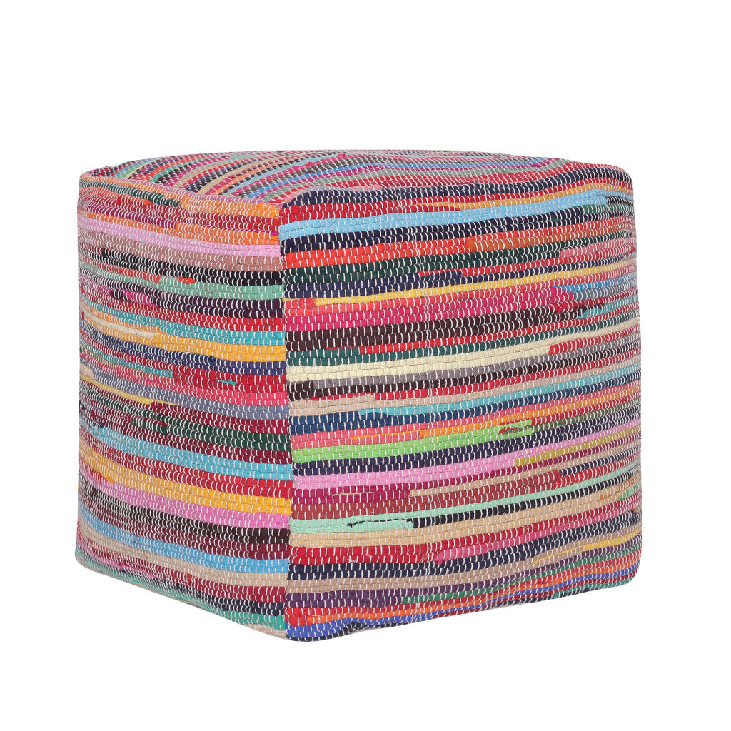 18" Red Cotton Cube Striped Pouf Ottoman