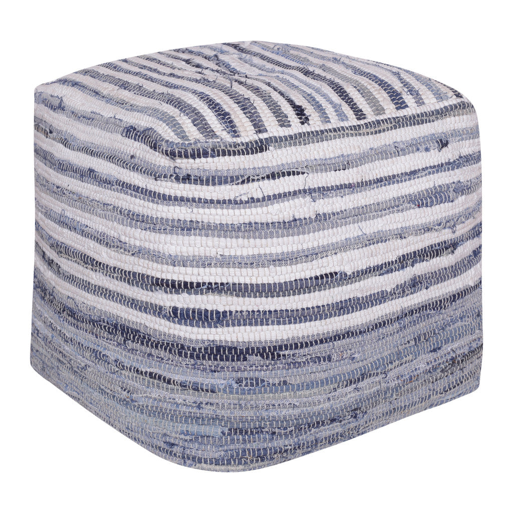 18" Blue Cotton Cube Striped Pouf Ottoman