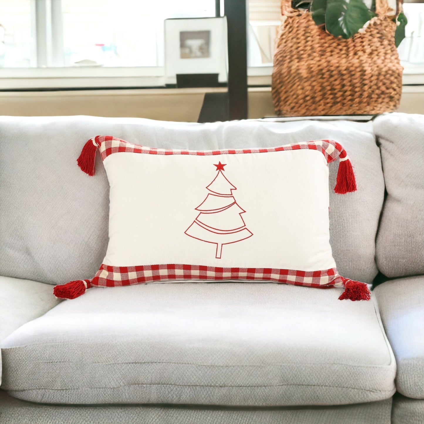 16" X 24" Red and White Christmas Tree Cotton Zippered Pillow With Tassels