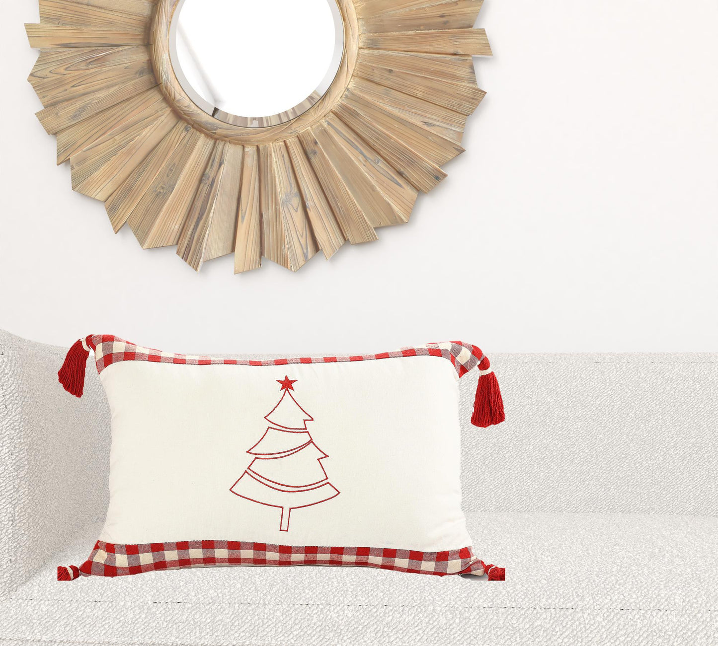 16" X 24" Red and White Christmas Tree Cotton Zippered Pillow With Tassels