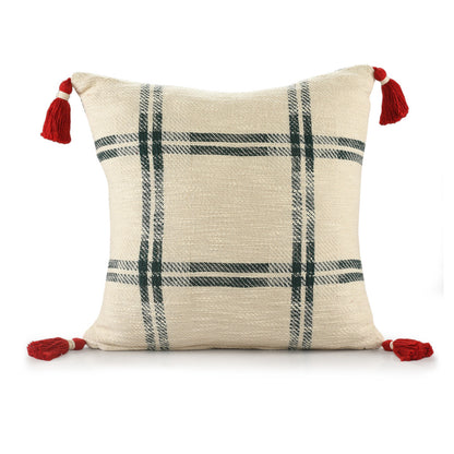 20" X 20" Ivory and Green Christmas Plaid Cotton Zippered Pillow With Tassels