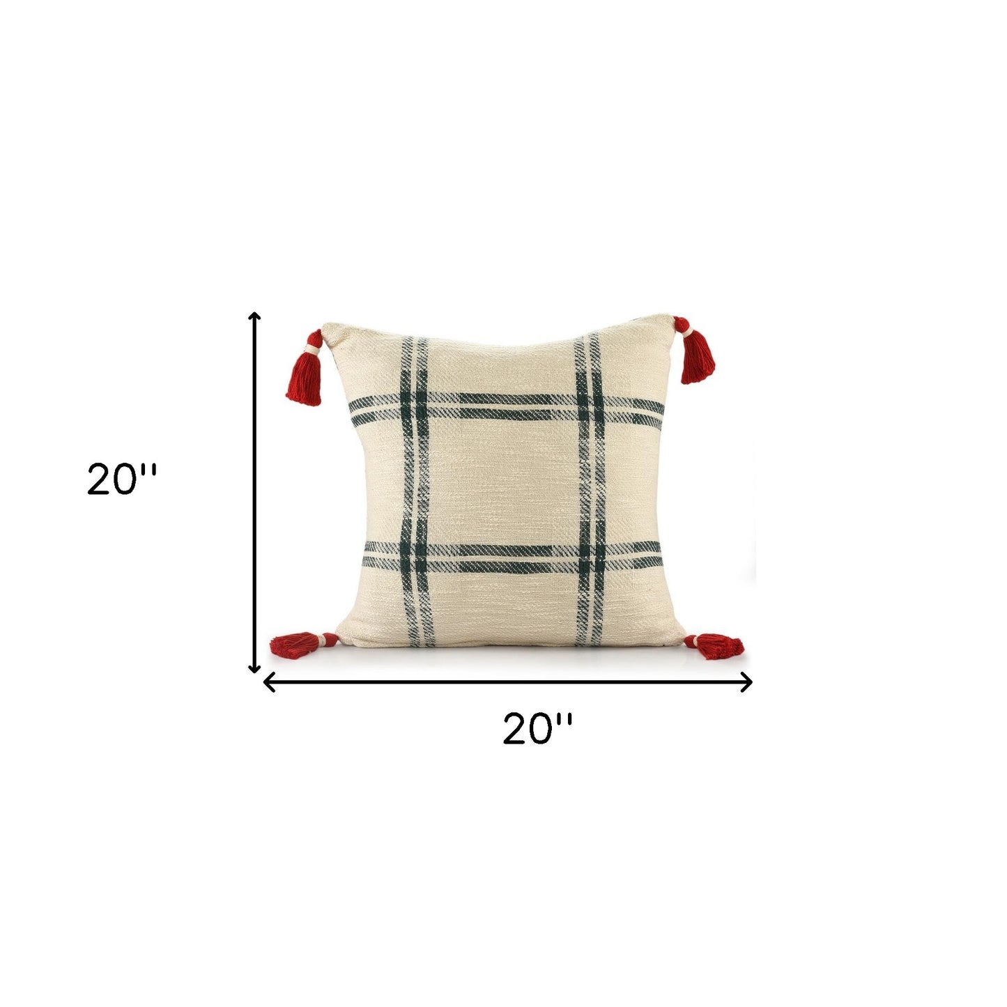 20" X 20" Ivory and Green Christmas Plaid Cotton Zippered Pillow With Tassels