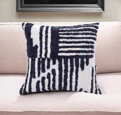 22" Navy and White Geometric Cotton Throw Pillow