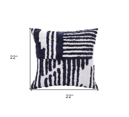 22" Navy and White Geometric Cotton Throw Pillow