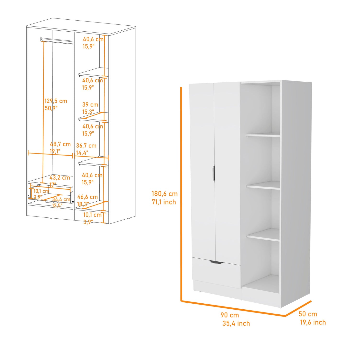 35" White Drawer Combo Dresser