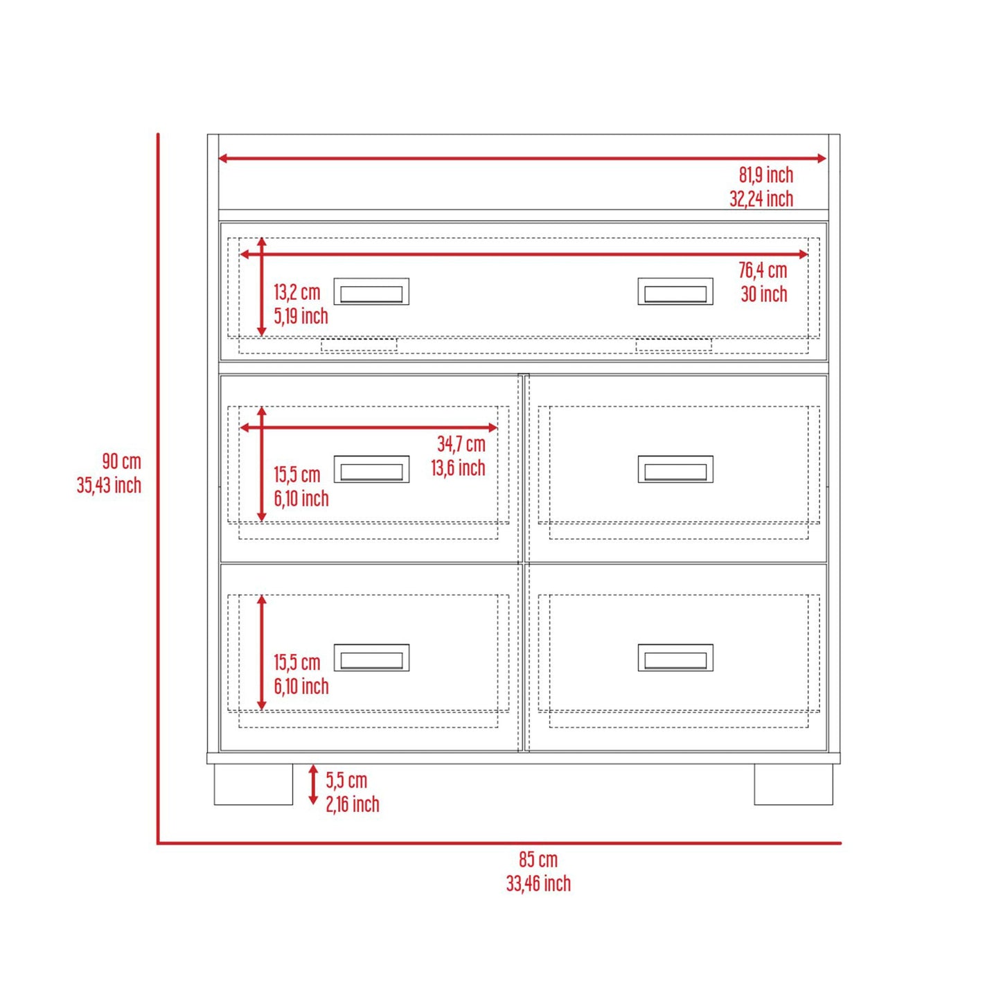 33" White Five Drawer Dresser