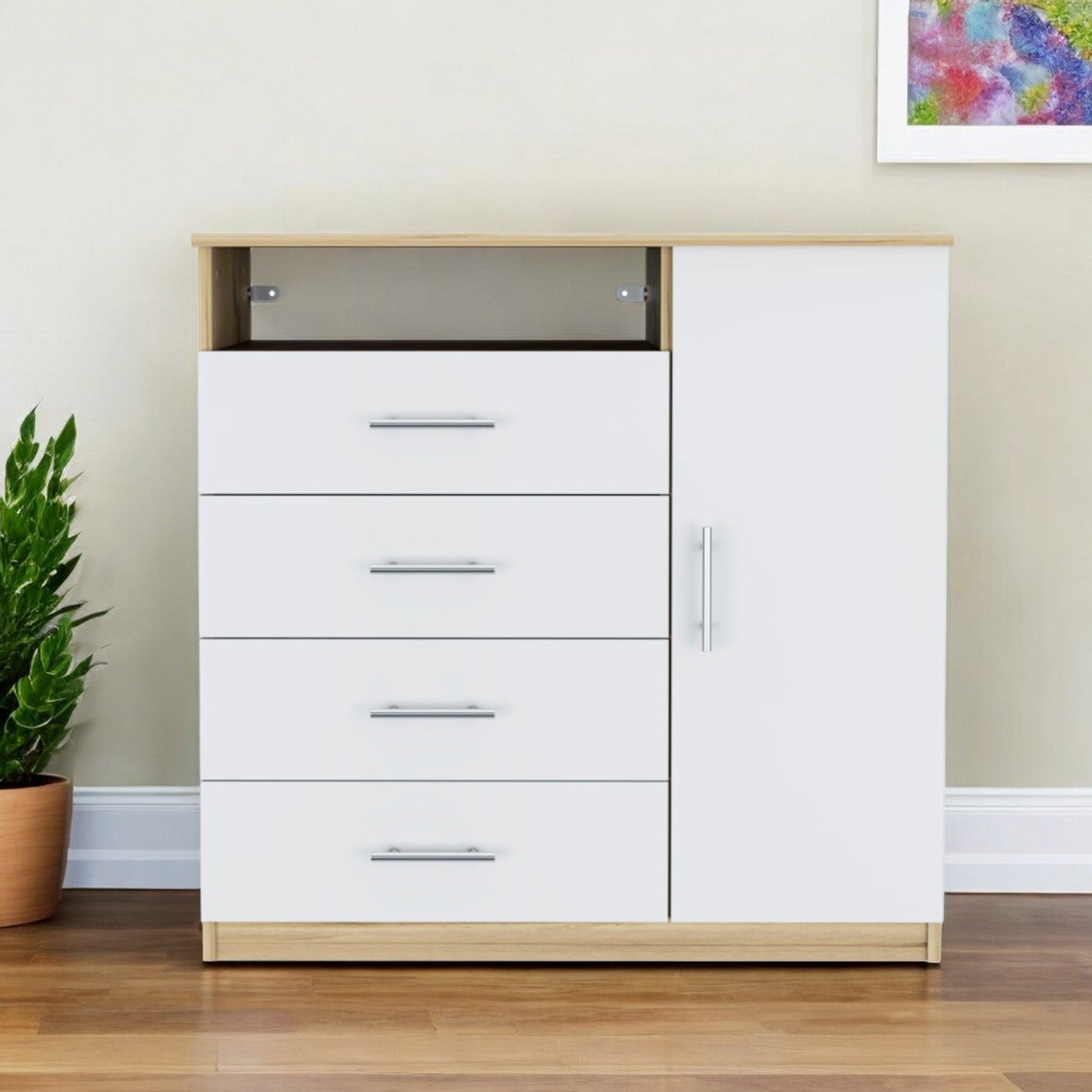 36" White and Natural Four Drawer Dresser