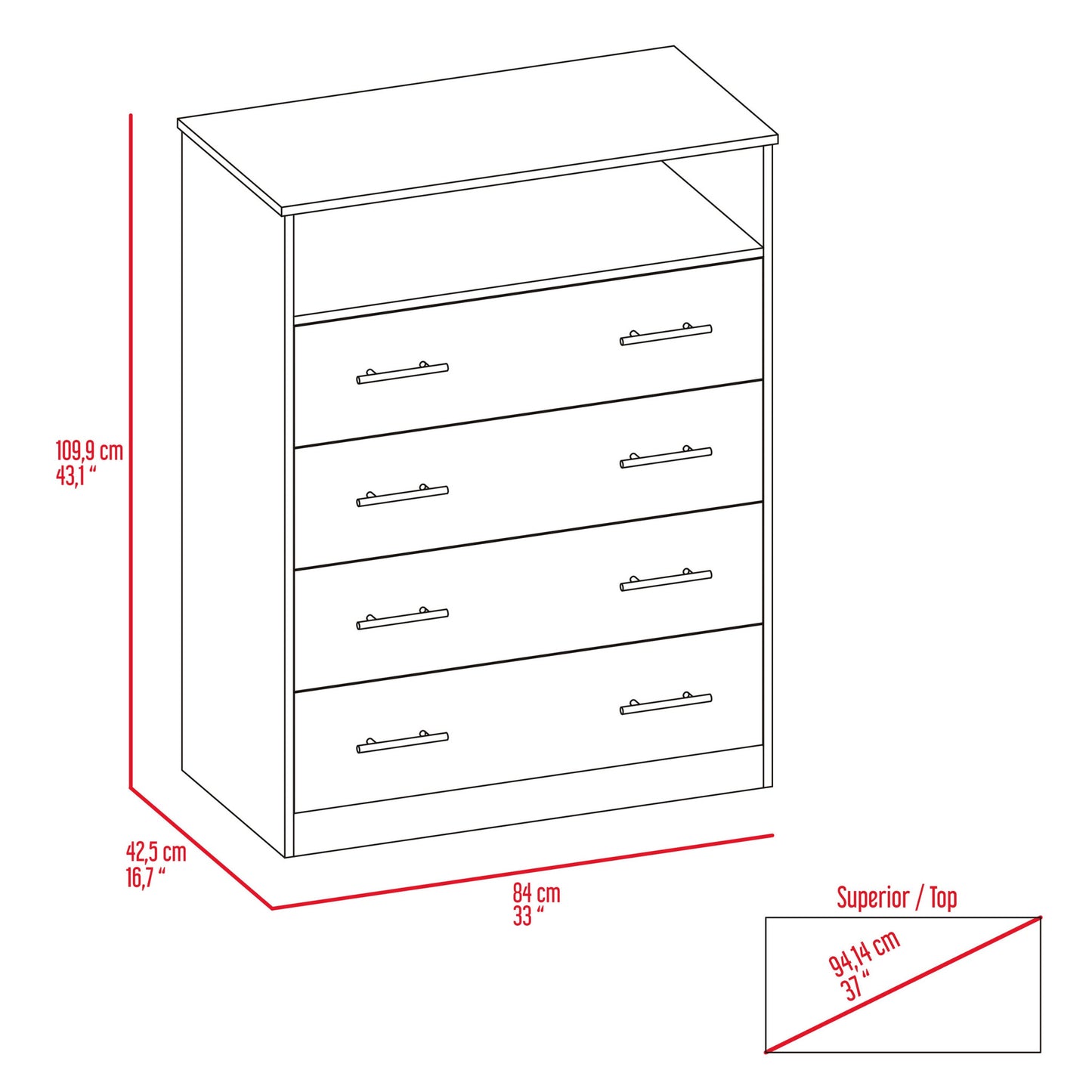 33" White Four Drawer Dresser