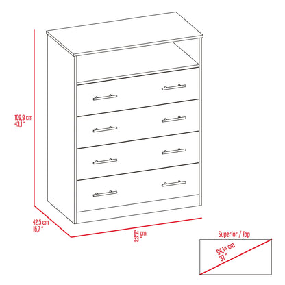 33" White Four Drawer Dresser