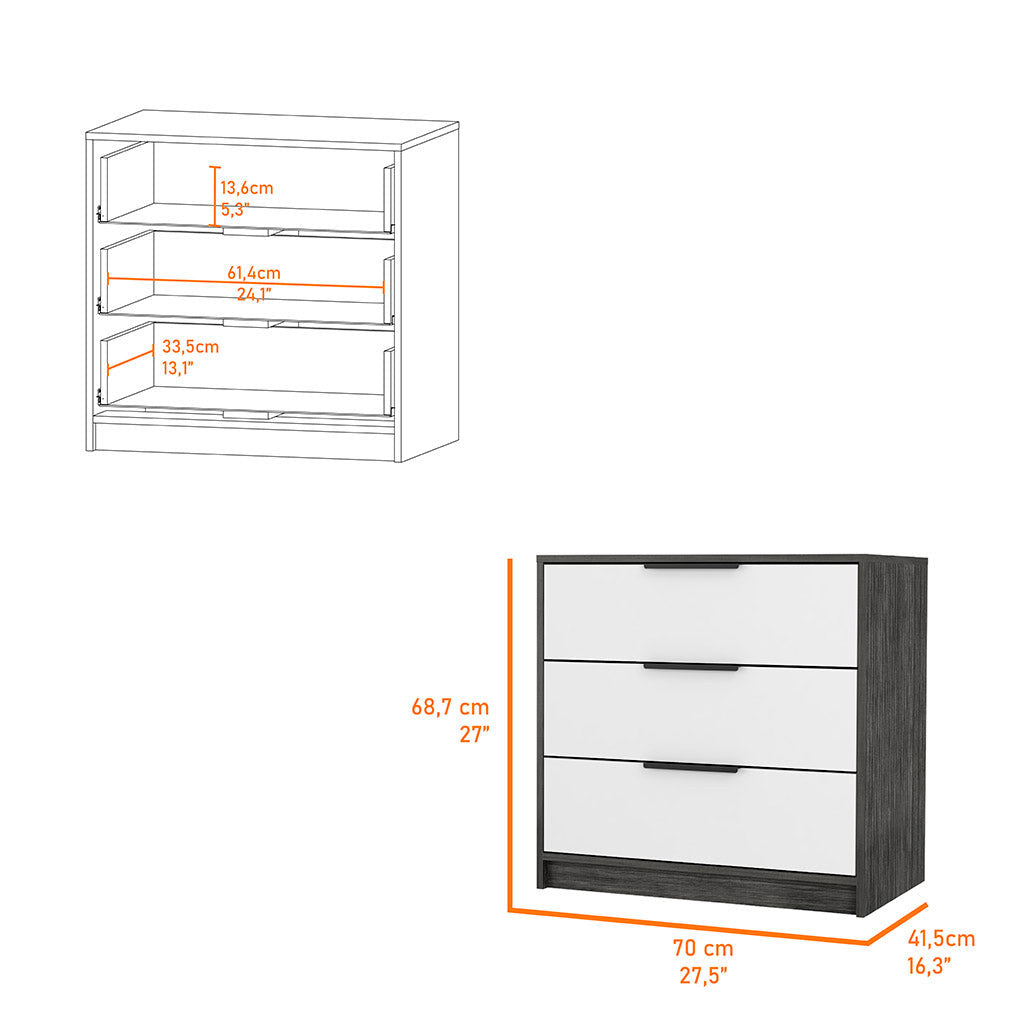 28" White and Gray Three Drawer Dresser