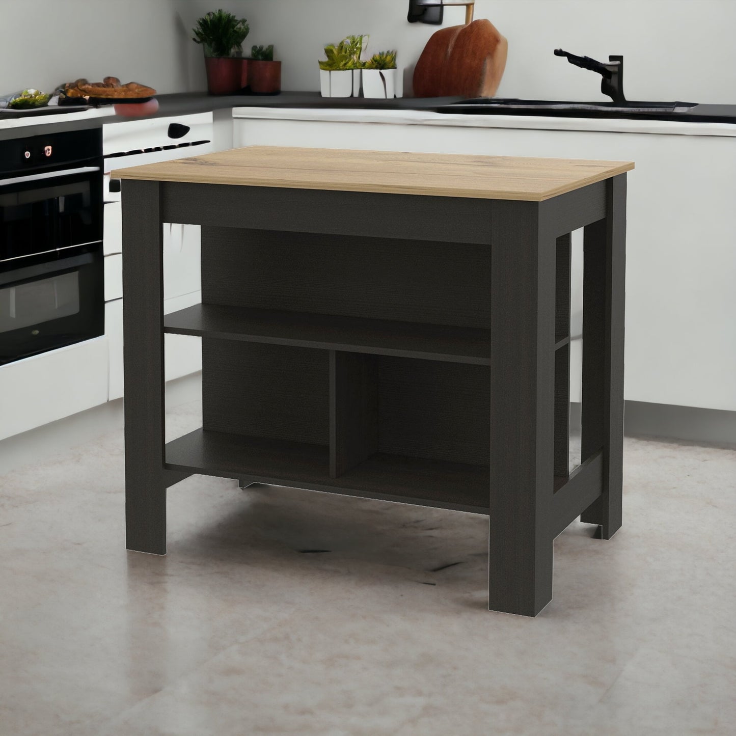 Black and Oak 41" Kitchen Island With Storage