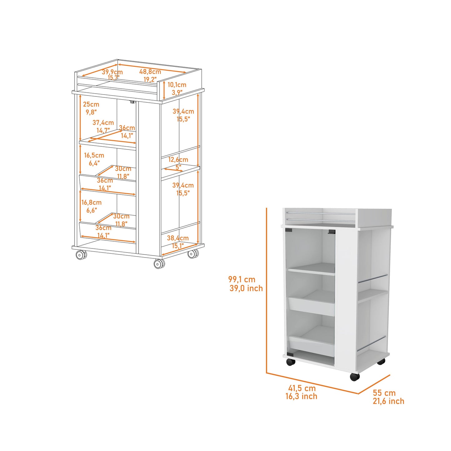 White Rolling Bar Cart With Wine Storage