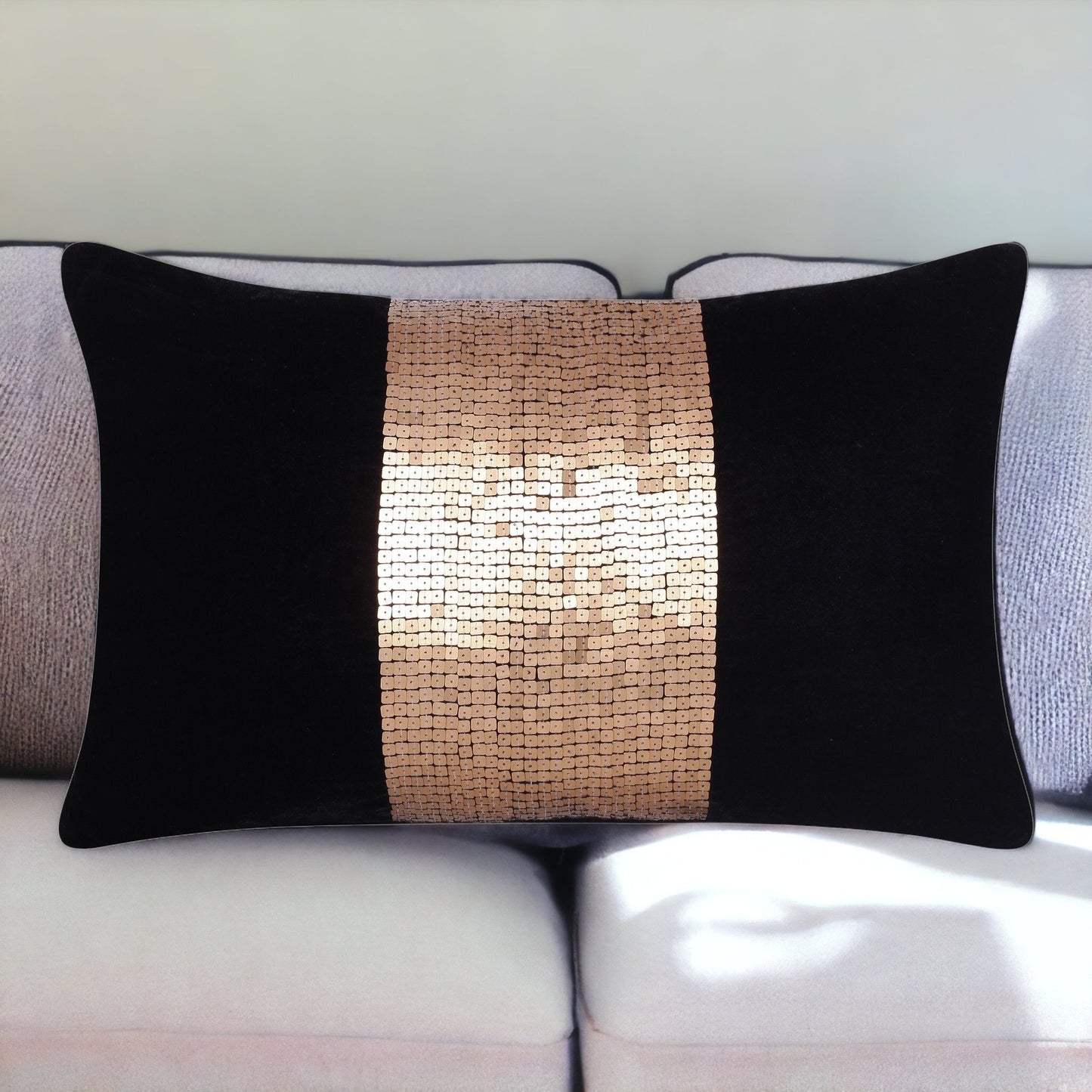 16" X 24" Black Striped Polyester Zippered Pillow With Beads