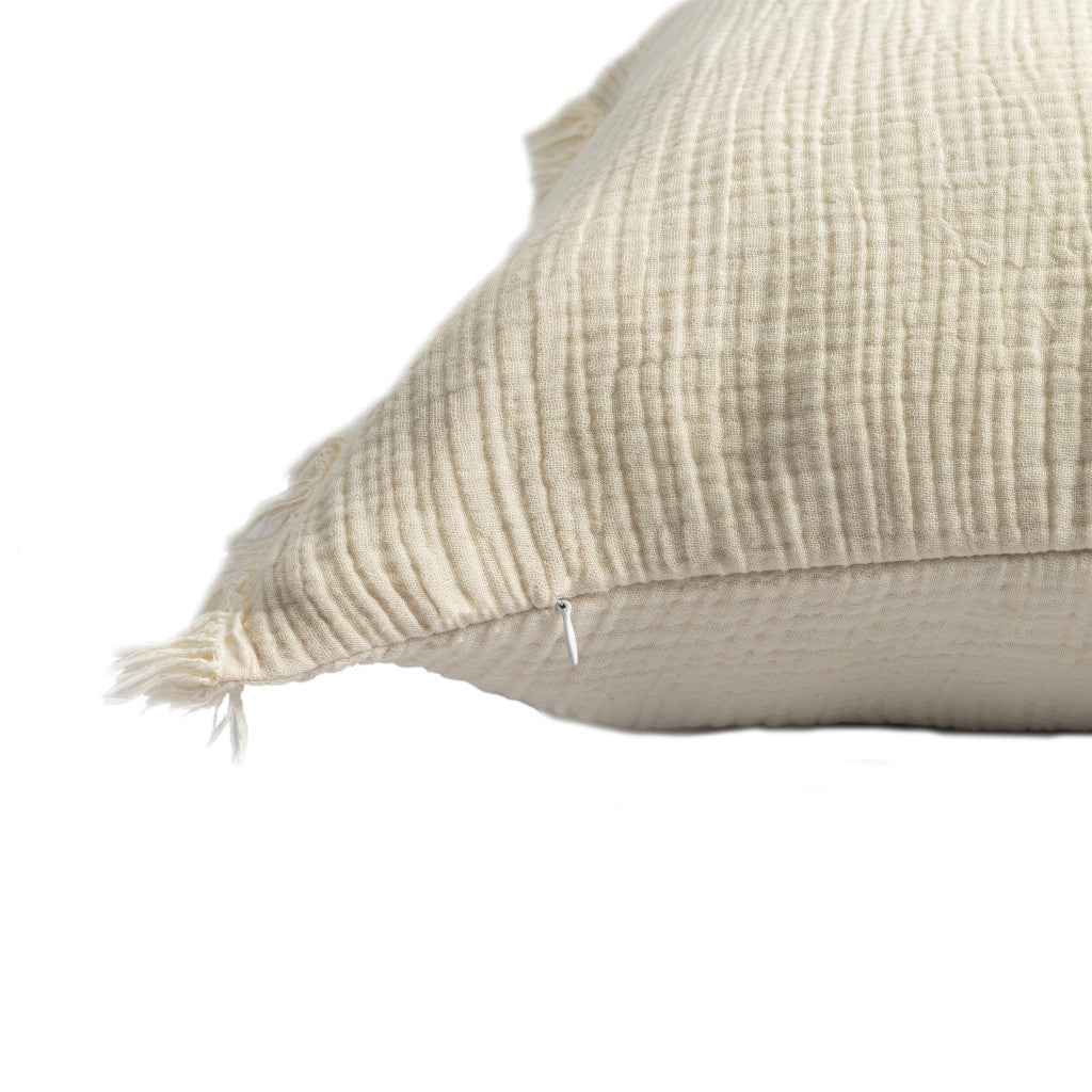 20" X 20" White Cotton Zippered Down Pillow With Fringe