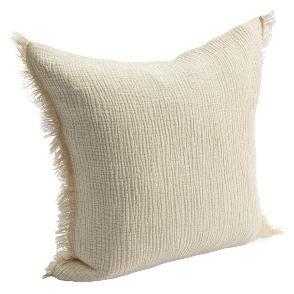 20" X 20" White Cotton Zippered Down Pillow With Fringe