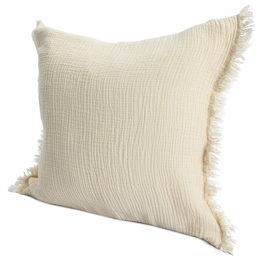 20" X 20" White Cotton Zippered Down Pillow With Fringe