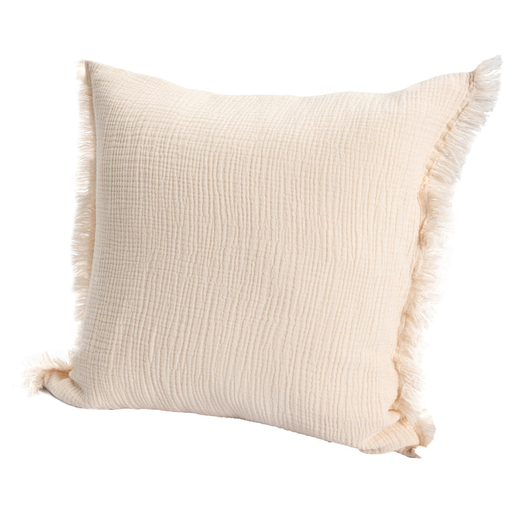 20" X 20" White Cotton Zippered Down Pillow With Fringe