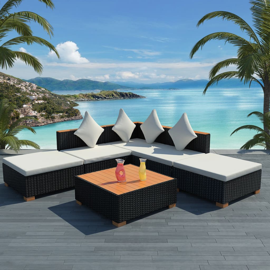 6 Piece Patio Lounge Set with Cushions Poly Rattan Black