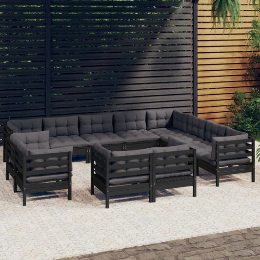 12 Piece Patio Lounge Set with Cushions Black Solid Pinewood