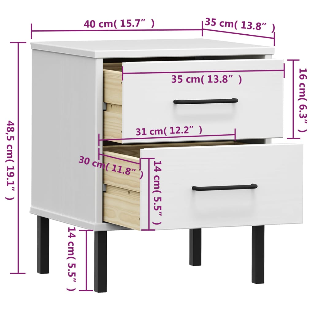 Bedside Cabinet with Metal Legs White Solid Wood Pine OSLO