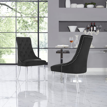 Set of Two Tufted Black and Clear Upholstered Velvet Dining Side Chairs