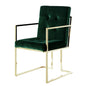 Set of Two Tufted Hunter Green and Gold Upholstered Velvet Dining Arm Chairs