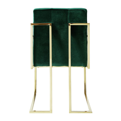 Set of Two Tufted Hunter Green and Gold Upholstered Velvet Dining Arm Chairs