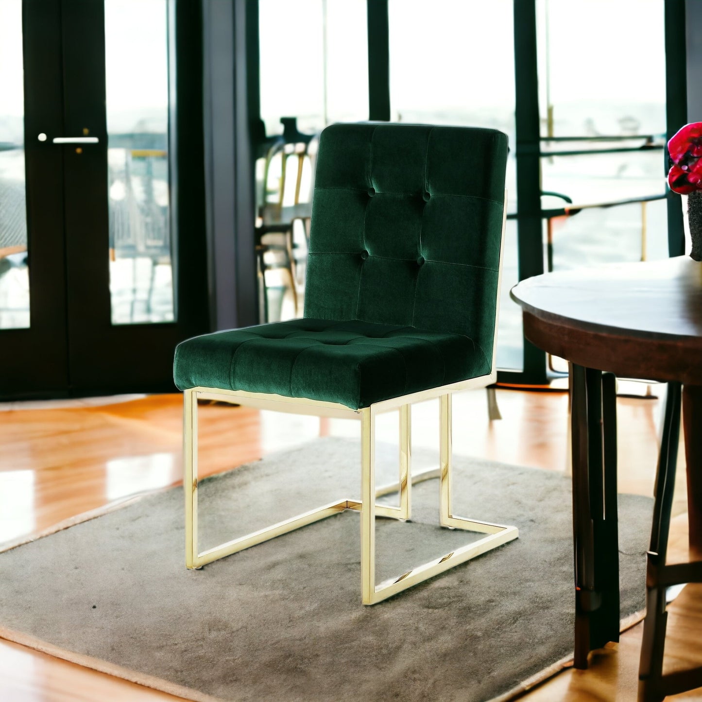 Set of Two Tufted Hunter Green and Gold Upholstered Velvet Dining Side Chairs