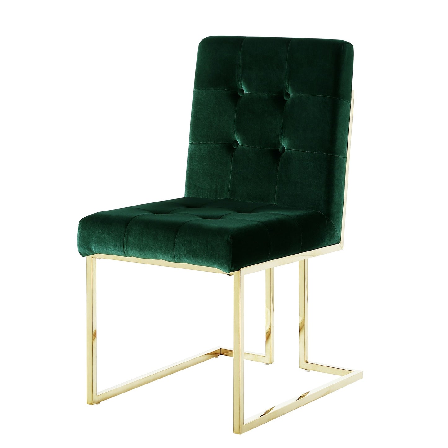 Set of Two Tufted Hunter Green and Gold Upholstered Velvet Dining Side Chairs