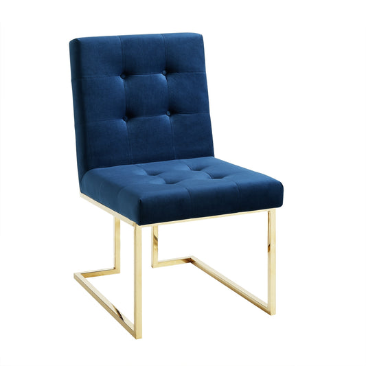 Set of Two Tufted Navy Blue And Gold Upholstered Velvet Dining Side Chairs