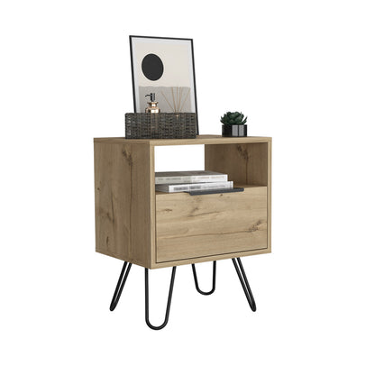 22" Beige Faux Wood Nightstand With Storage