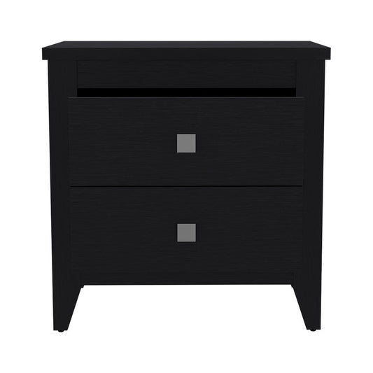 24" Black Two Drawer Faux Wood Nightstand