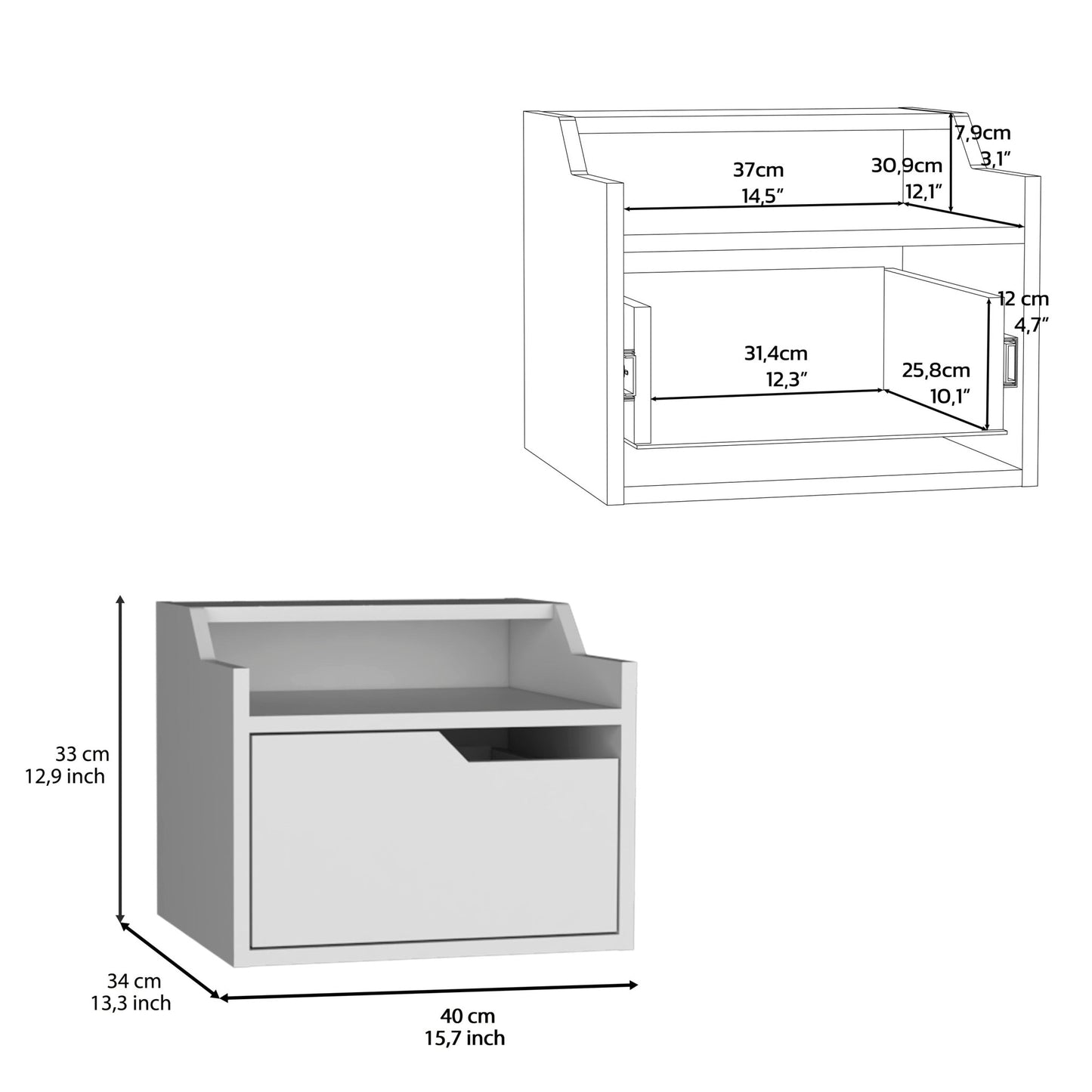 13" White One Drawer Faux Wood Floating Nightstand