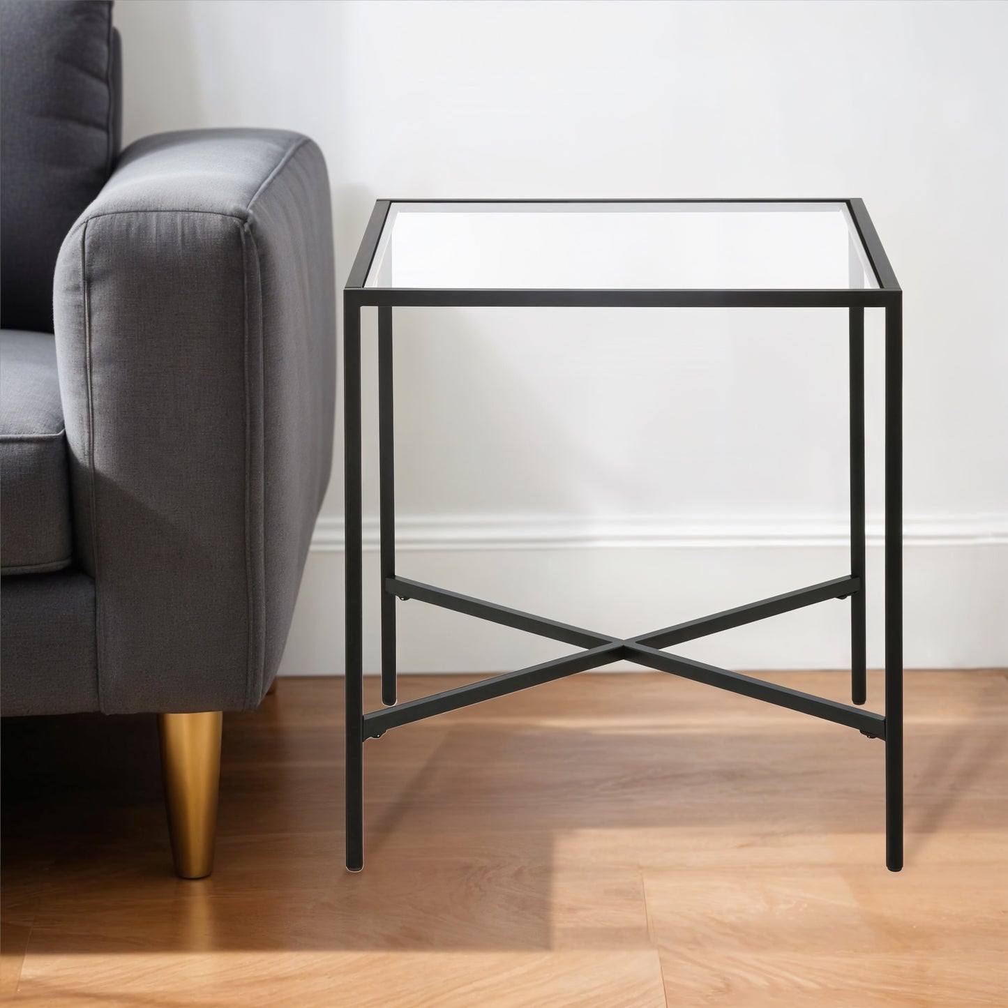 22" Black And Clear Glass And Steel Square End Table