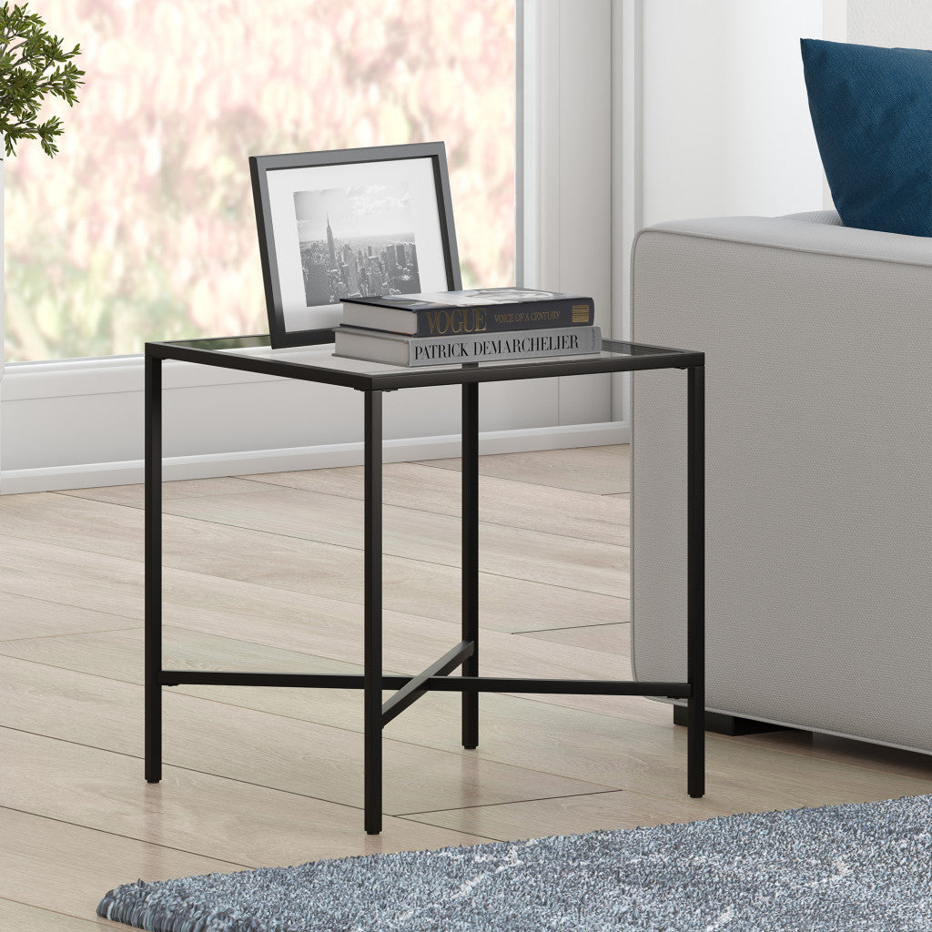 22" Black And Clear Glass And Steel Square End Table