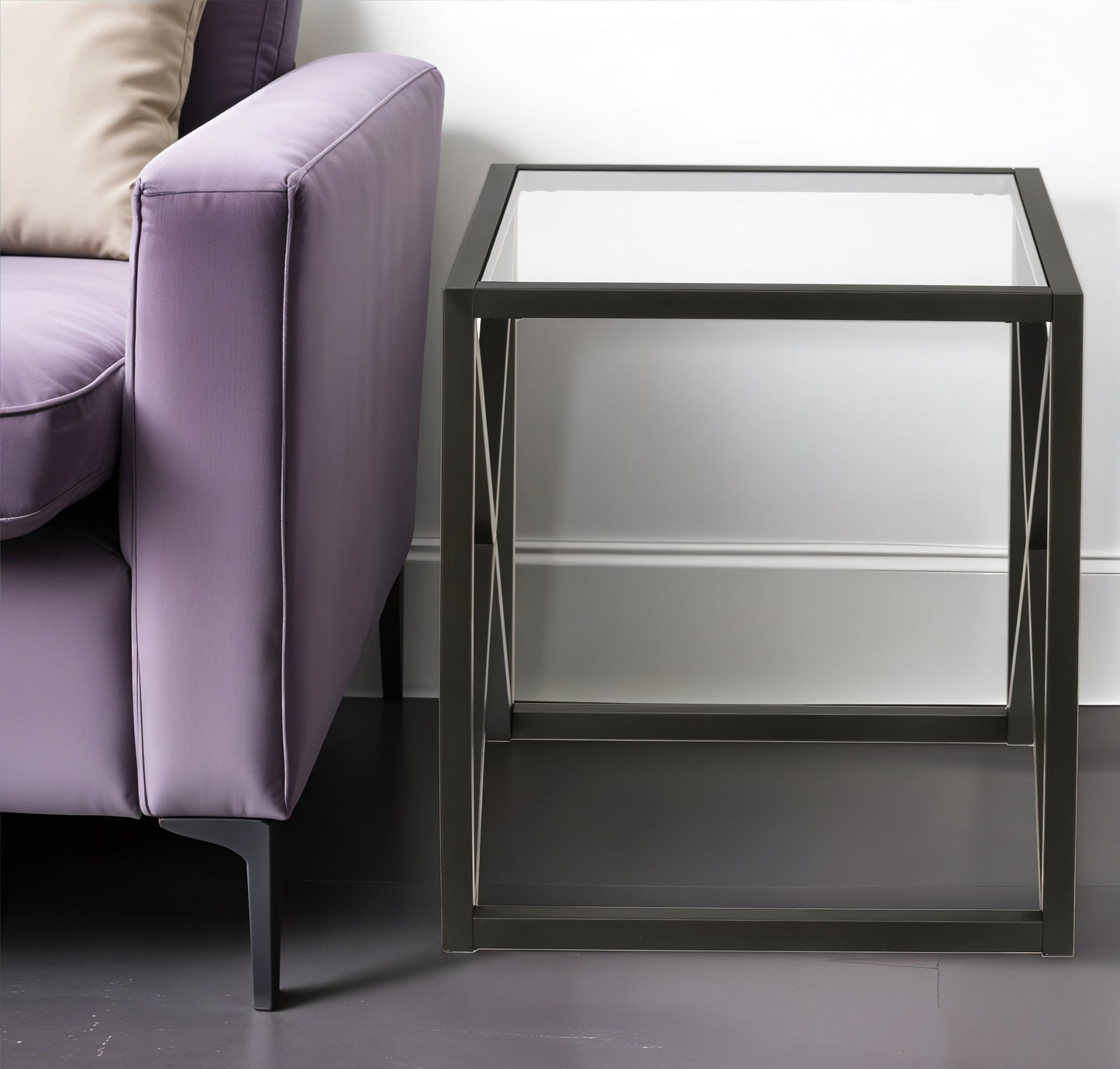 22" Black And Clear Glass And Steel Square End Table