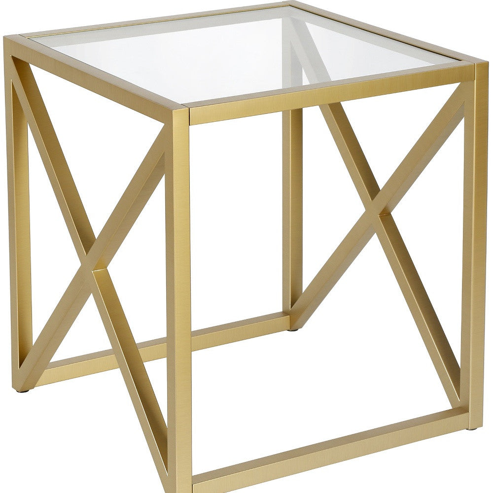 22" Brass And Clear Glass And Steel Square End Table