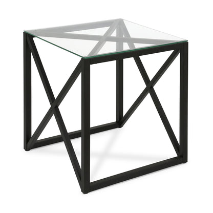 22" Black And Clear Glass And Steel Square End Table