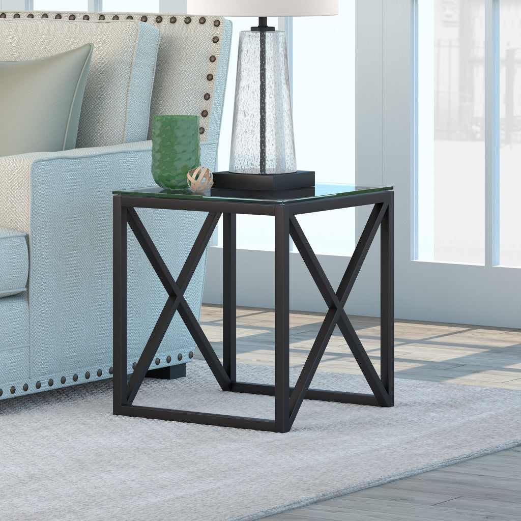 22" Black And Clear Glass And Steel Square End Table