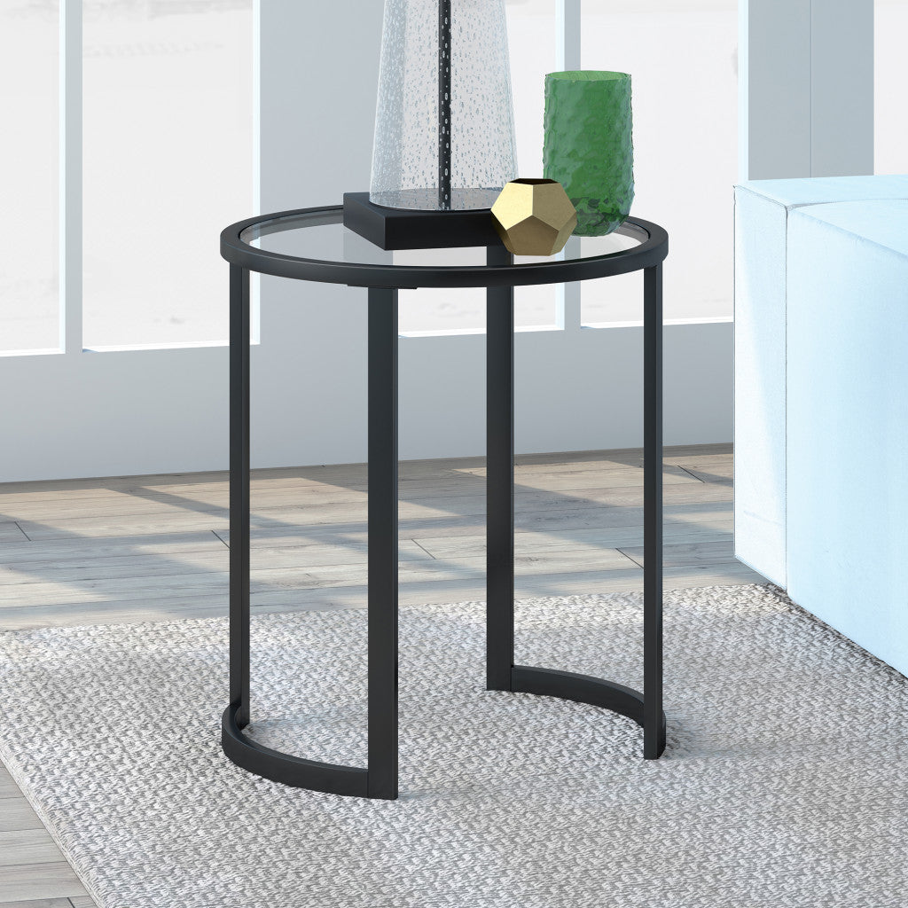 22" Black And Clear Glass And Steel Round End Table