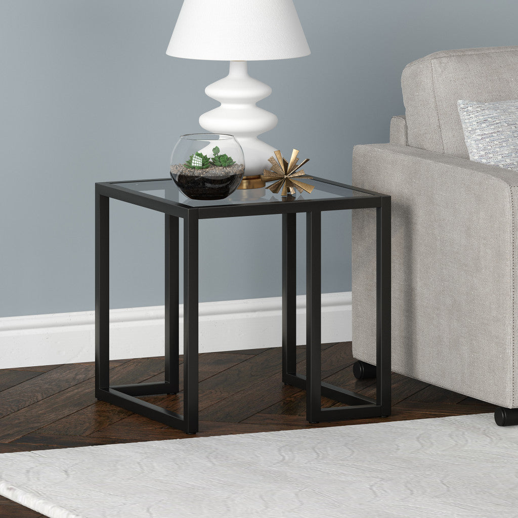 22" Black And Clear Glass And Steel Square End Table