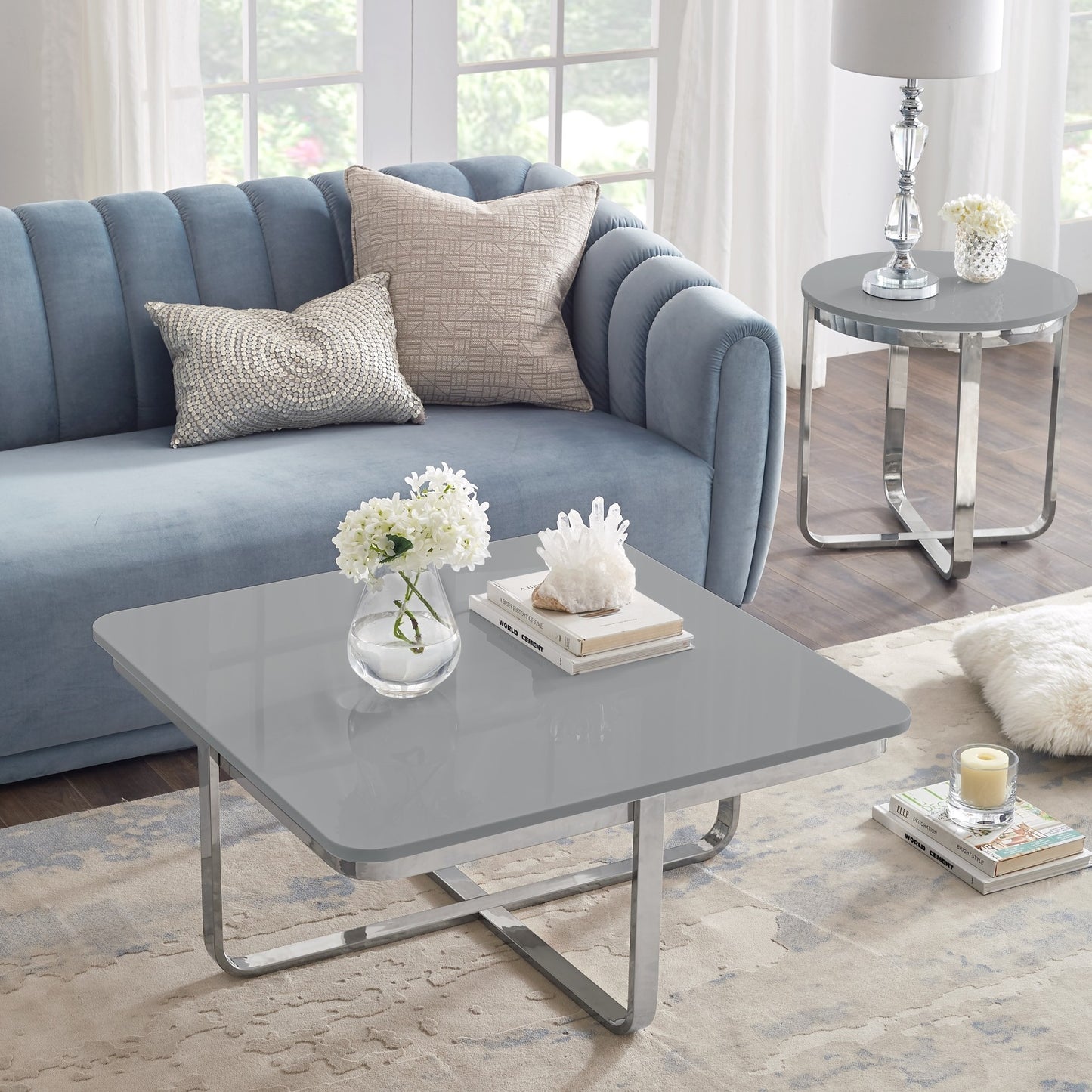 35" Light Gray And Silver Metallic Stainless Steel Square Coffee Table